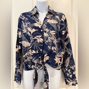 Panama Jack Blue and Cream Linen Tie Front Button Down Shirt, Size Small